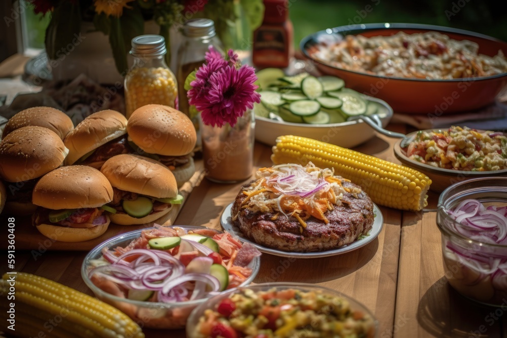 Mouthwatering Summer Barbecue Spread, Grilled Corn, Burgers, Fresh Salads, Outdoor Dining, Tasty Feast - Generative AI