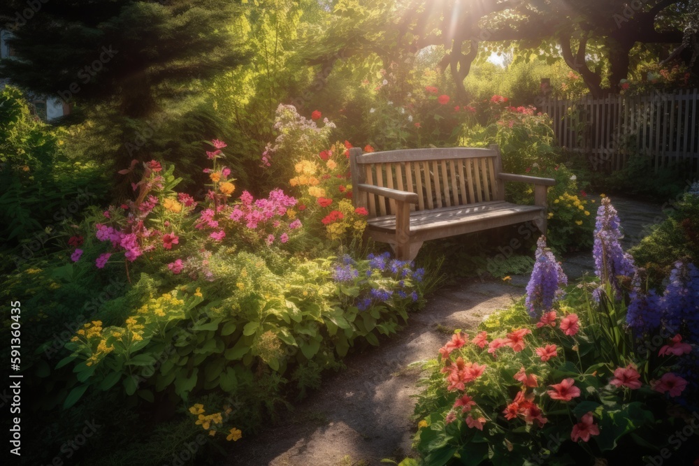 Charming Sunlit Garden, Colorful Blooming Flowers, Cozy Wooden Bench, Peaceful Nature Retreat, Serenity - Generative AI