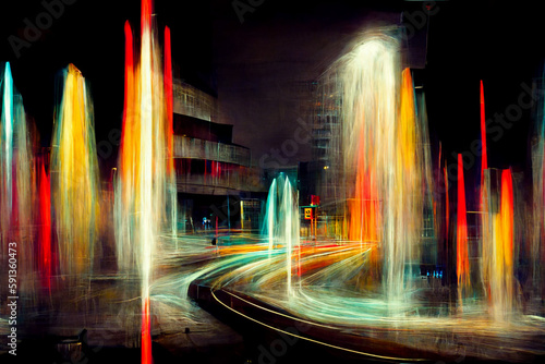 Textured seamless urban environment with long exposure dynamic speed light trails pattern, continuous abstract tiled background, repeating photographic artistic wallpaper, generative ai