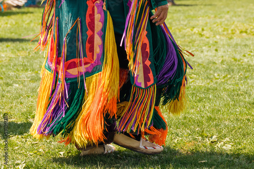 Powwow. Native Americans dressed in full Regalia. Close-up details of Regalia.