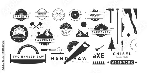 set of carpentry logo retro vintage vector illustration template design. bundle collection of various craftsman or carpenter equipment sawmill hammer axes steel nails wooden lumberjack jack plane logo