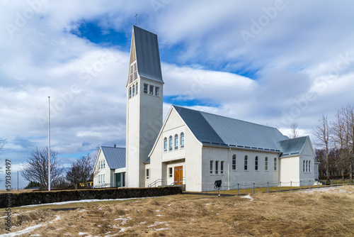 Selfoss Church in Selfoss, Southern Iceland. Built between 1952 and 1956 close to the Ölfusá River.