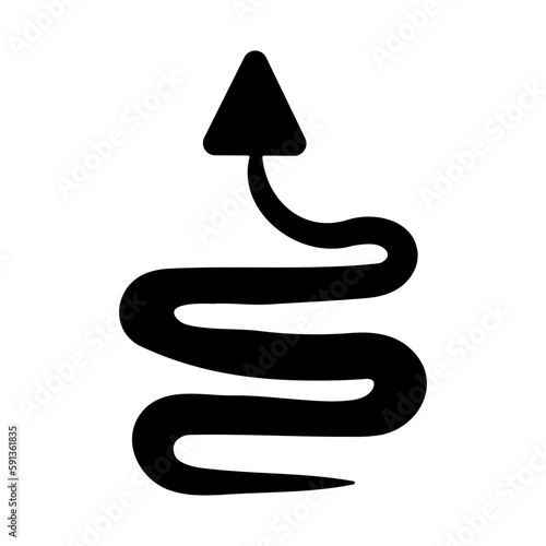 simple black serpentine arrow vector icon, different line widths. hand drawn