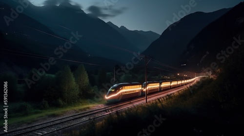 Speed passenger train moving in the night mountains covered with forest. Generative AI