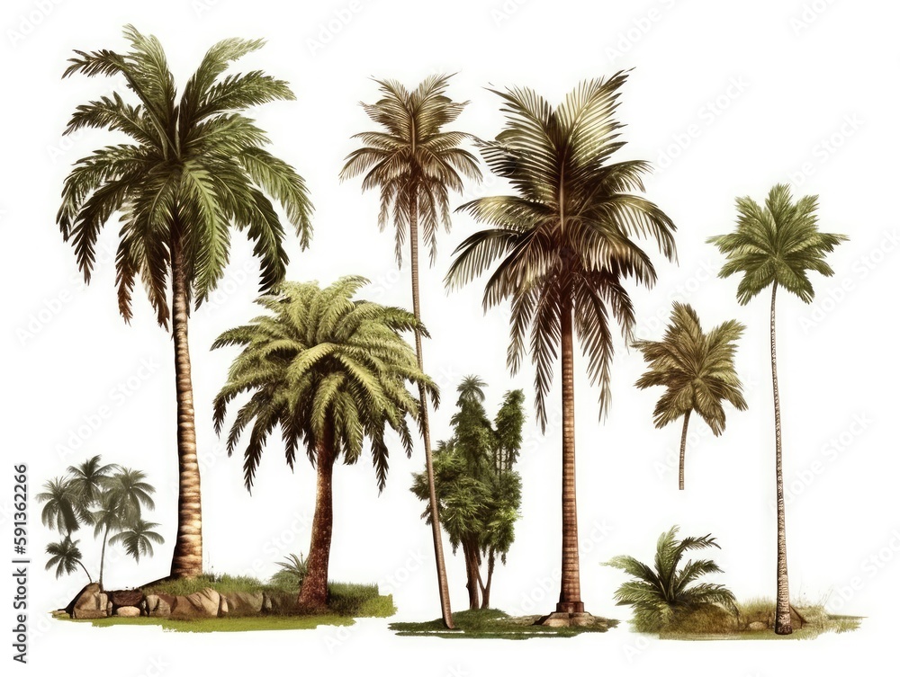Set palm trees. Palm trees isolated on white background. generative ai Set palm trees. Palm trees isolated on white background. generative ai