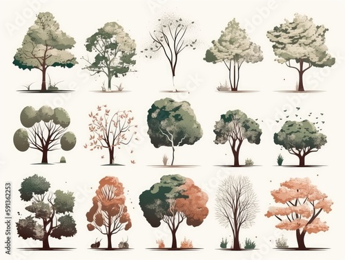 Set Isolated tree  The collection of trees. Set of trees and shrubs. Collection of natural design elements trees with leaves. generative ai