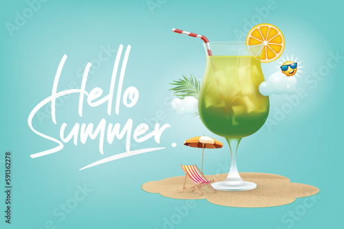 Summer background with cocktail on beach with beach chair, parasol, palm leaf and sun in cloud