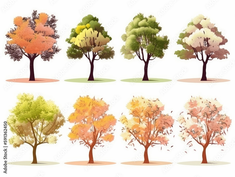Obraz premium Set Isolated tree on white background, autumn and summer, green and yellow trees, The collection of trees. Collection of natural design elements trees. generative ai