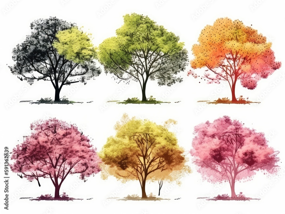 Set Isolated tree on white background, autumn and summer, green and yellow trees, The collection of trees. Collection of natural design elements trees. generative ai Set Isolated tree on white background, autumn and summer, green and yellow trees, The collection of trees. Collection of natural design elements trees. generative ai