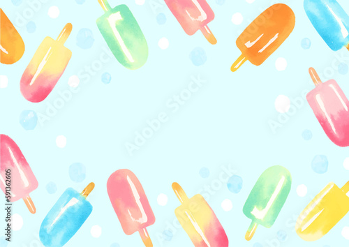 水彩手描きのアイスキャンディのイラスト背景　レトロなアイス棒 カラフル　夏　ベクター　バナー