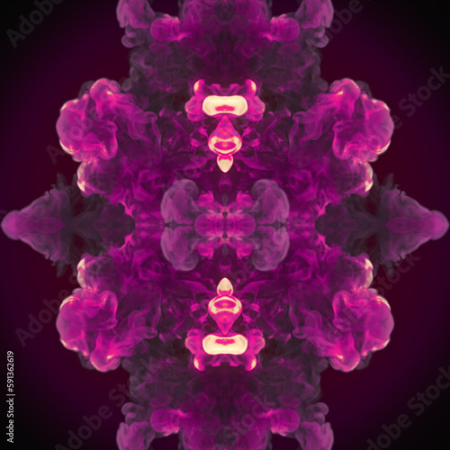 Trendy kaleidoscopic pattern of chemical smoke on dark background. Glow effect. 3d rendering digital illustration