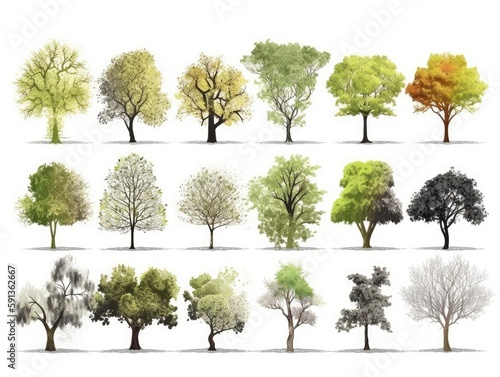 Set Isolated tree on white background, autumn and summer, green and yellow trees, The collection of trees. Collection of natural design elements trees. generative ai