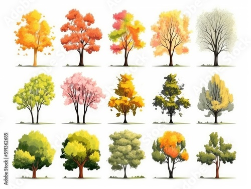 Set Isolated tree on white background, autumn and summer, green and yellow trees, The collection of trees. Collection of natural design elements trees. generative ai © megavectors
