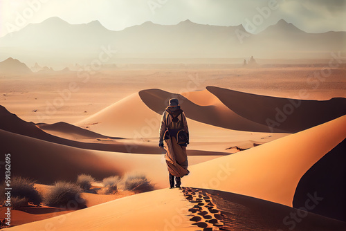 Man walking in the middle of the Sahara desert. Generative AI photo