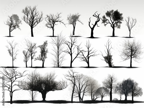 Set Isolated tree on white background  silhouette shadows winter trees  The collection of trees. Collection of natural design elements trees. generative ai