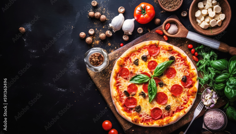 Margherita pizza with mozzarella olive tomato and basil on black wooden background with studio lighting. Food and delivery concept. Generative AI