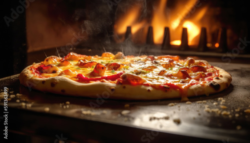 Pepperoni pizza in the charcoal oven on black background with studio lighting. Food and delivery concept. Generative AI