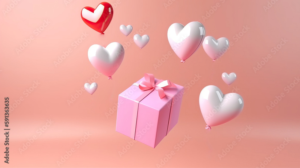 3d White and Red Heart Shaped Balloons Flying and Pink Gift Box on Light Background. Love concept for Happy Mother's Day and Valentine's Day.