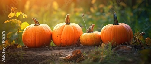 Autumn Halloween pumpkins. Orange pumpkins over nature background  Generative AI