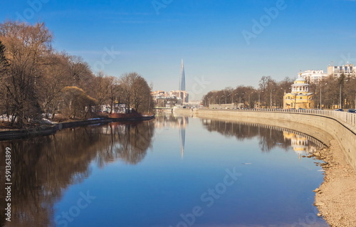 Spring landscape of St. Petersburg. Embankment of the river Bolshaya Nevka. Landmark of the city.