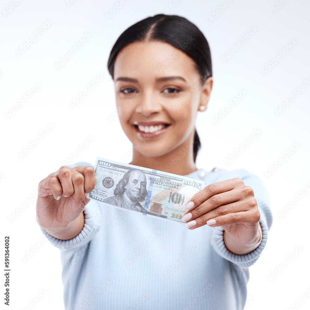 Woman, hands and portrait smile with money, cash or dollar isolated against white studio background. Happy female smiling holding profit, budget or investment for loan, success or financial freedom Woman, hands and portrait smile with money, cash or dollar isolated against white studio background. Happy female smiling holding profit, budget or investment for loan, success or financial freedom