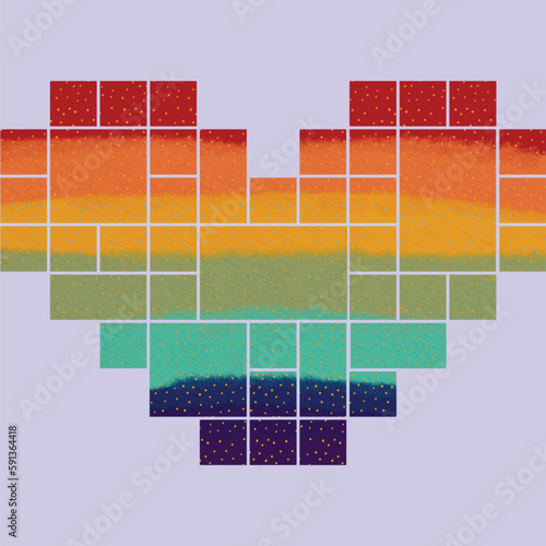 Rainbow polka-dot heart pixel shape. Vector. Editable. light purple background