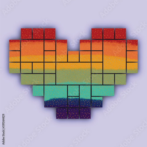 Rainbow dot pixel heart shape with shadow. Vector. Editable. light purple background