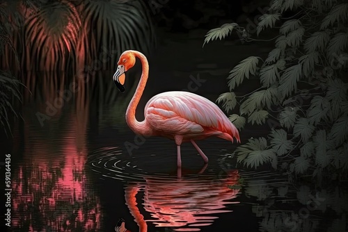 pink flamingo standing gracefully in shallow water. Generative AI © 2rogan
