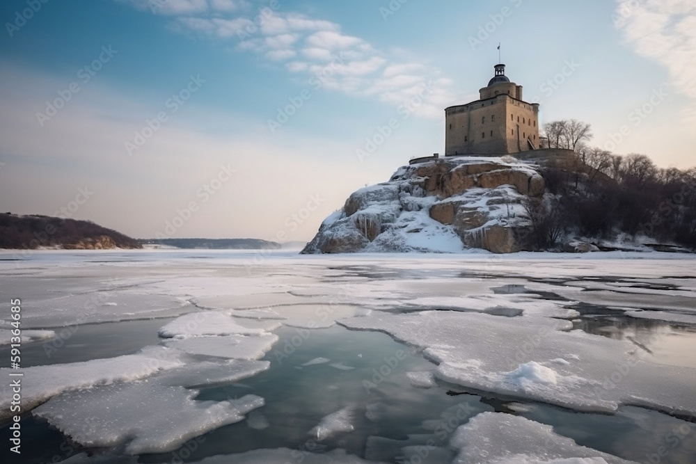 Completely Frozen Old Castle And Cold Winter Landscape With Icebergs Around, Made Using Generative Ai