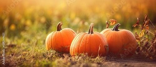 Autumn Halloween pumpkins. Orange pumpkins over nature background Generative AI