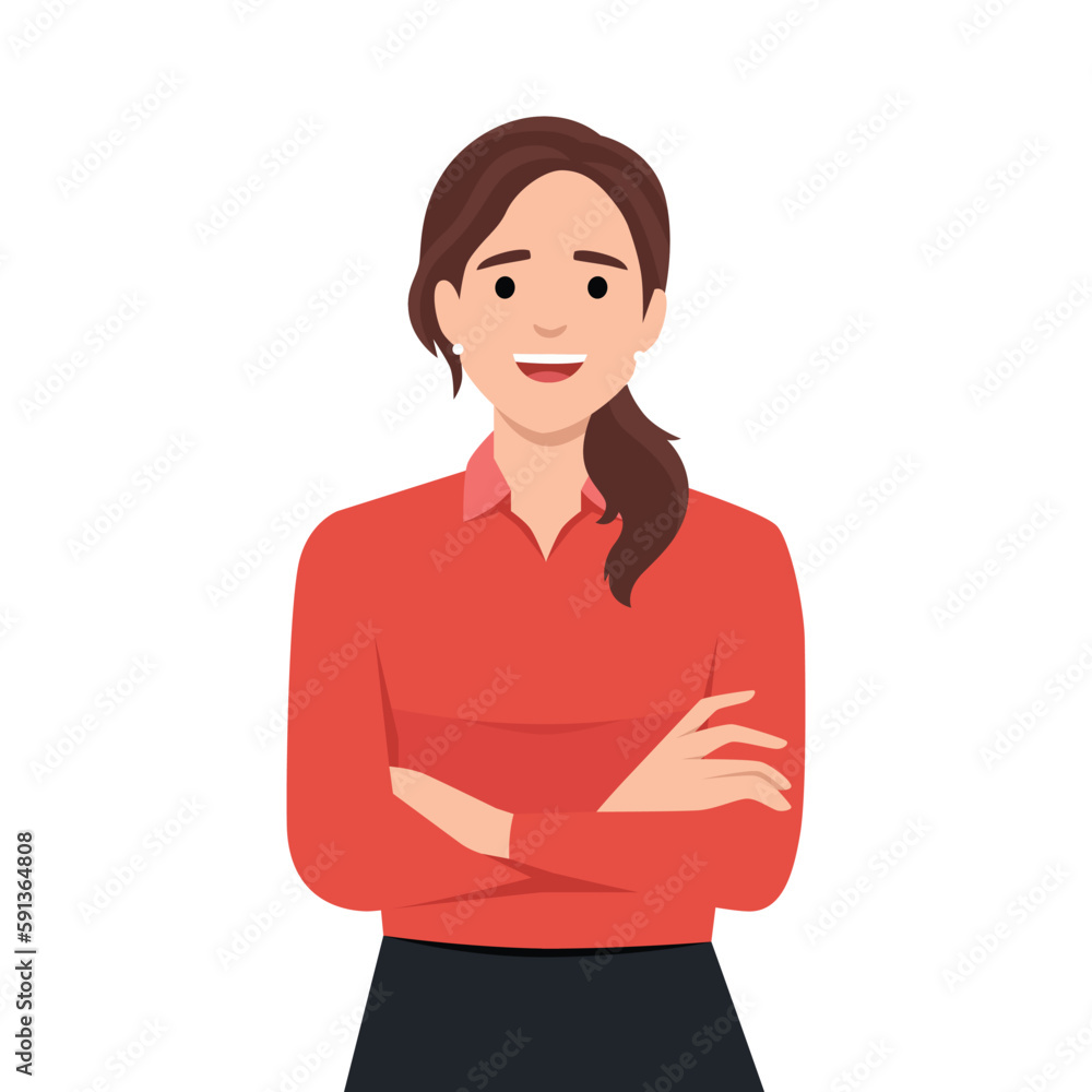 Confident and beautiful young woman in smart casual wear keeping arms crossed and smiling. Portrait of a young smiling woman. Woman folded hands. Confident and beautiful young woman in smart casual wear keeping arms crossed and smiling. Portrait of a young smiling woman. Woman folded hands.