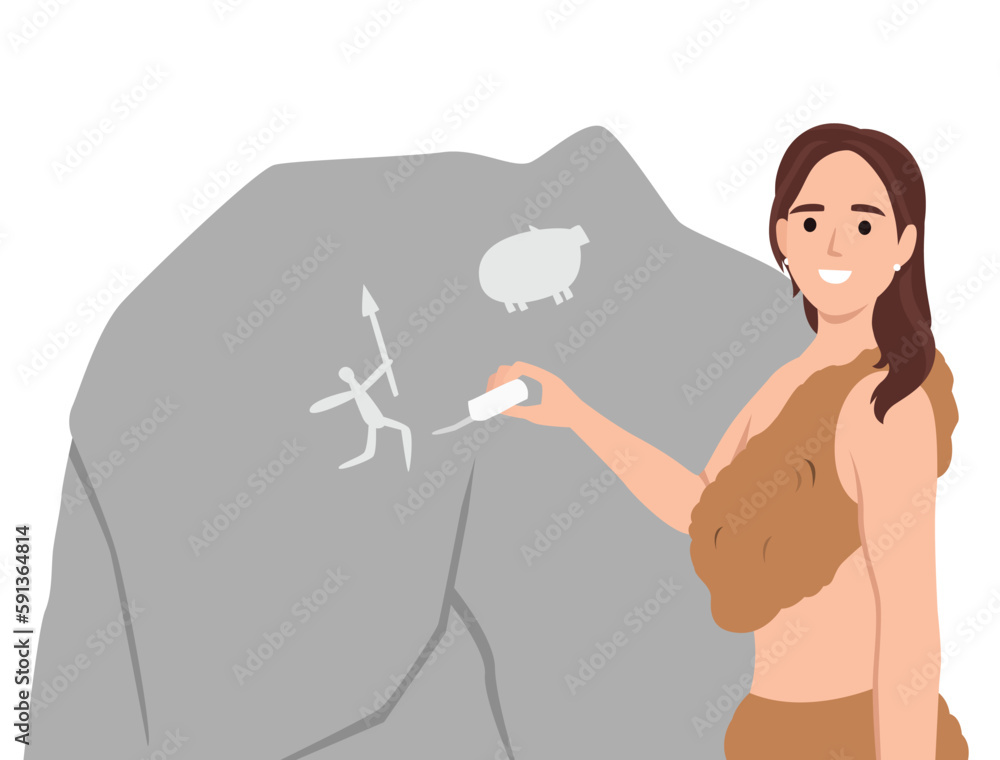 Ancient woman in clothing made from animal skins and bones in hair makes rock paintings. Girl depicts people hunting pig or boar on giant stone and smiling looks at screen Ancient woman in clothing made from animal skins and bones in hair makes rock paintings. Girl depicts people hunting pig or boar on giant stone and smiling looks at screen