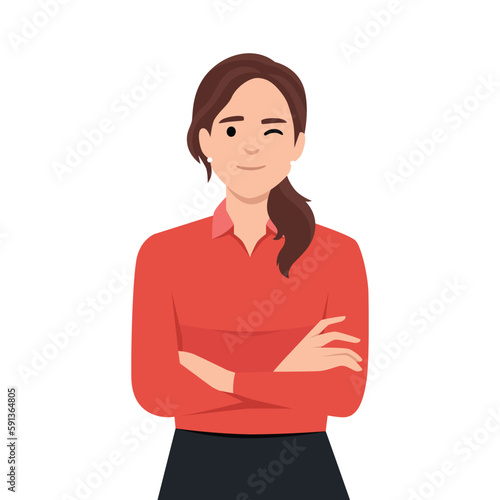 Confident and beautiful young woman in smart casual wear keeping arms crossed and smiling. Portrait of a young smiling woman. Woman folded hands.