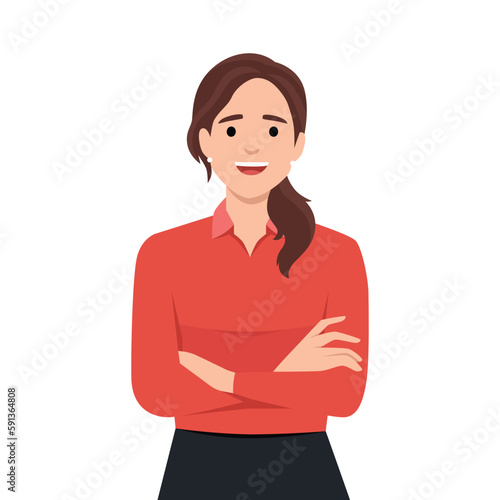 Confident and beautiful young woman in smart casual wear keeping arms crossed and smiling. Portrait of a young smiling woman. Woman folded hands.
