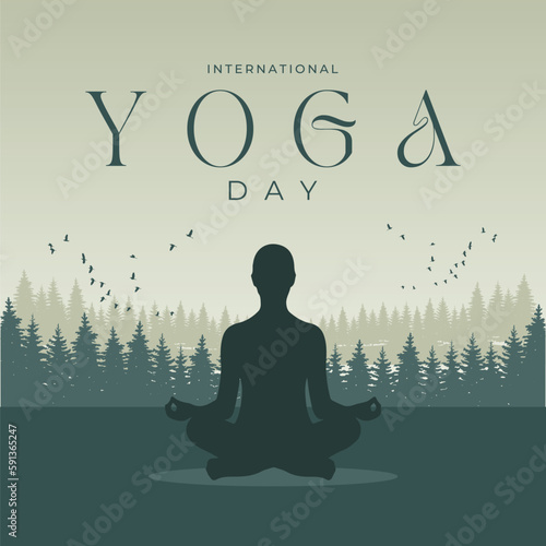 Green Forest and birds on background. International Yoga day 21 june Creative Template