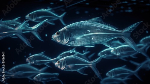 School of small silver fish underwater. Marine life. Generative AI © AngrySun