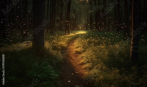 Fireflies light up the way along the forest path Creating using generative AI tools