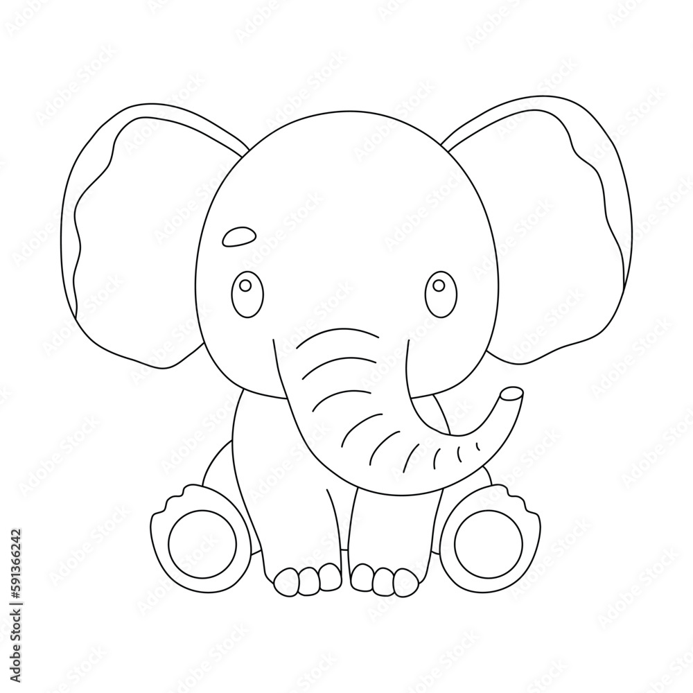 Fototapeta premium Cute elephant in outline style for coloring book. Vector baby animal isolated on white.