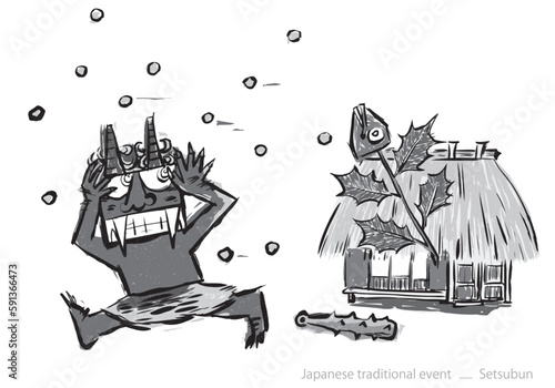 日本の伝統行事節分の様子、豆まきと逃げる鬼の白黒イラスト
