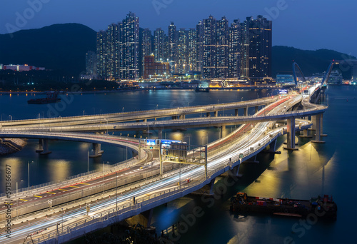 Night scenery of traffic on Tseung Kwan O Cross Bay Link in Hong Kong city photo