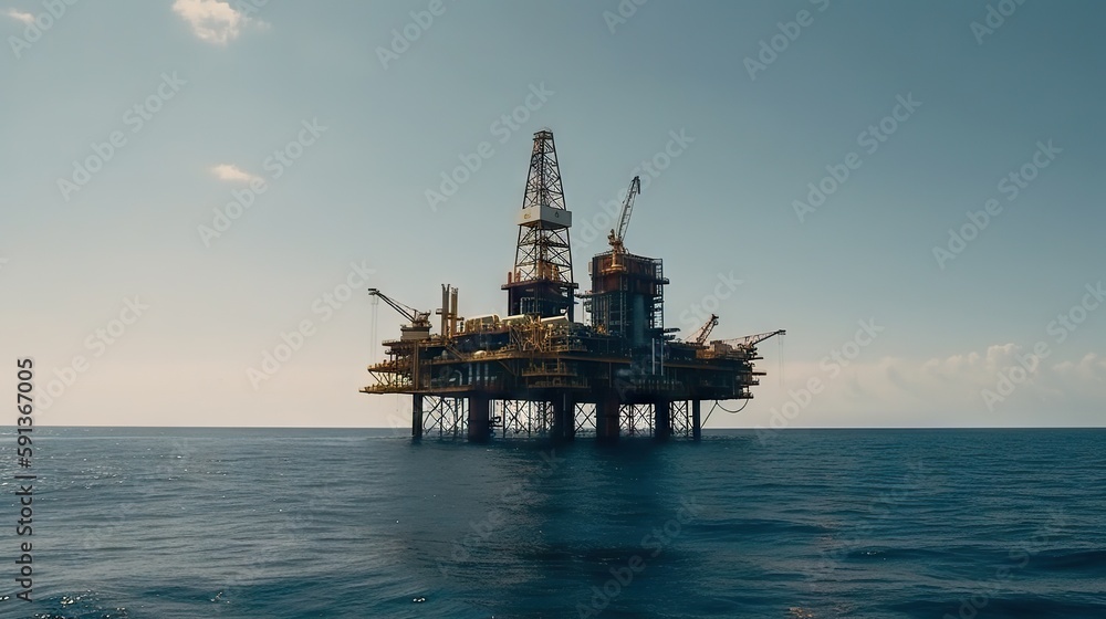 Oil rig in the sea on a sunny day with blue sky. Offshore oil drilling. Generative AI