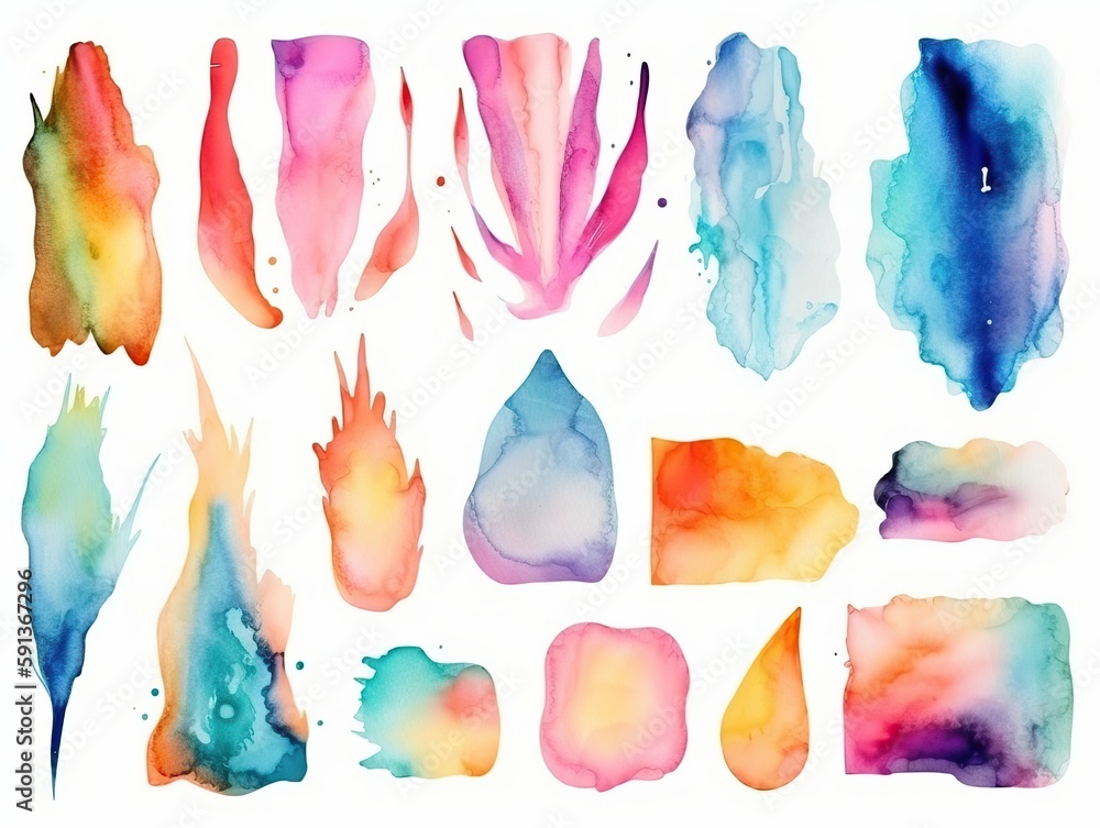 Watercolor paint splatter. Colorful ink stains, abstract paints splashes and wet splats. Color round or slime stain, Colorfull stain and splash, splat messy, inkblot splashing. generative ai