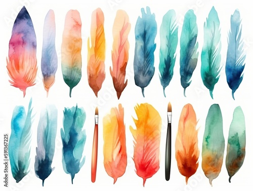 watercolor feathers. set of watercolor colorful feathers. generative ai © megavectors