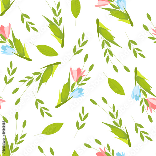 Vector seamless texture on a white isolated background with bouquets of wildflowers, with green twigs and pink flower buds © Viktoryia