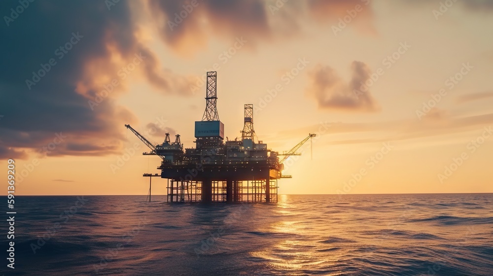 Sunset view with silhouette of an oil rig in the sea. Offshore oil drilling. Generative AI Sunset view with silhouette of an oil rig in the sea. Offshore oil drilling. Generative AI