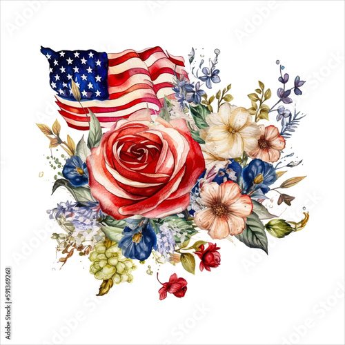 American flag with spring flowers. USA independence day. 4th of July. watercolor vector for sublimation, tshirt, mug, pillow, tumbler, print