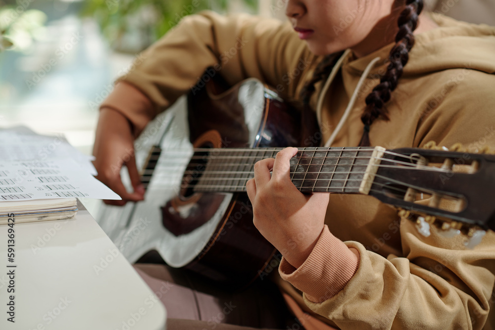 Fototapeta premium Closeup image of talented girl playing guitar at home