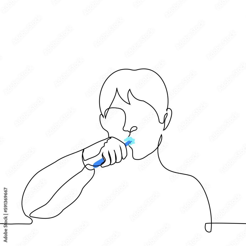 man brushes his teeth with a toothbrush, his in toothpaste foam - one line drawing vector. concept brushing teeth, oral hygiene