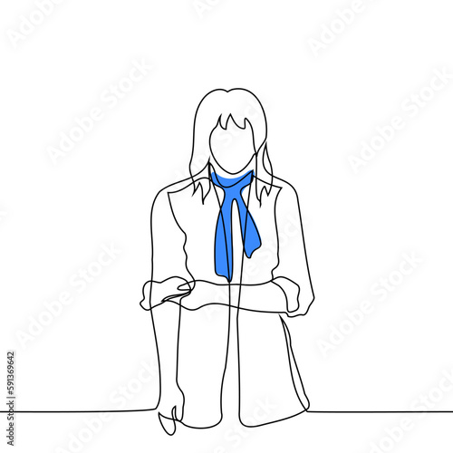 woman in a raincoat and a blue scarf rolls up her sleeves - one line drawing vector. concept of women's fashion and style, roll up sleeves