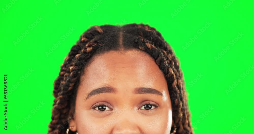 Thinking, idea and woman in studio with green screen with pensive or daydreaming face expression. Contemplating, question and African female model with contemplative gesture by chroma key background. Thinking, idea and woman in studio with green screen with pensive or daydreaming face expression. Contemplating, question and African female model with contemplative gesture by chroma key background.